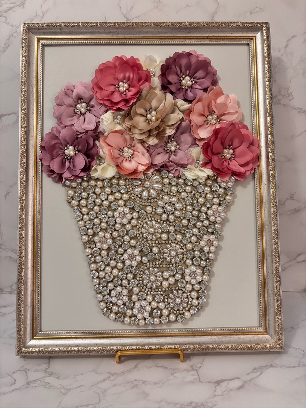 Pearl Embellished Floral Bouquet Wall Art - Pink, Mauve, Blush, Taupe